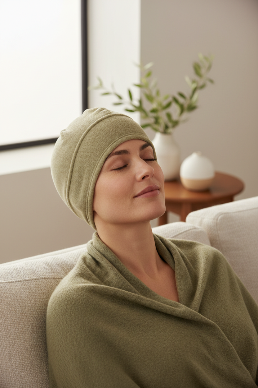 After - Woman with migraine relief cap